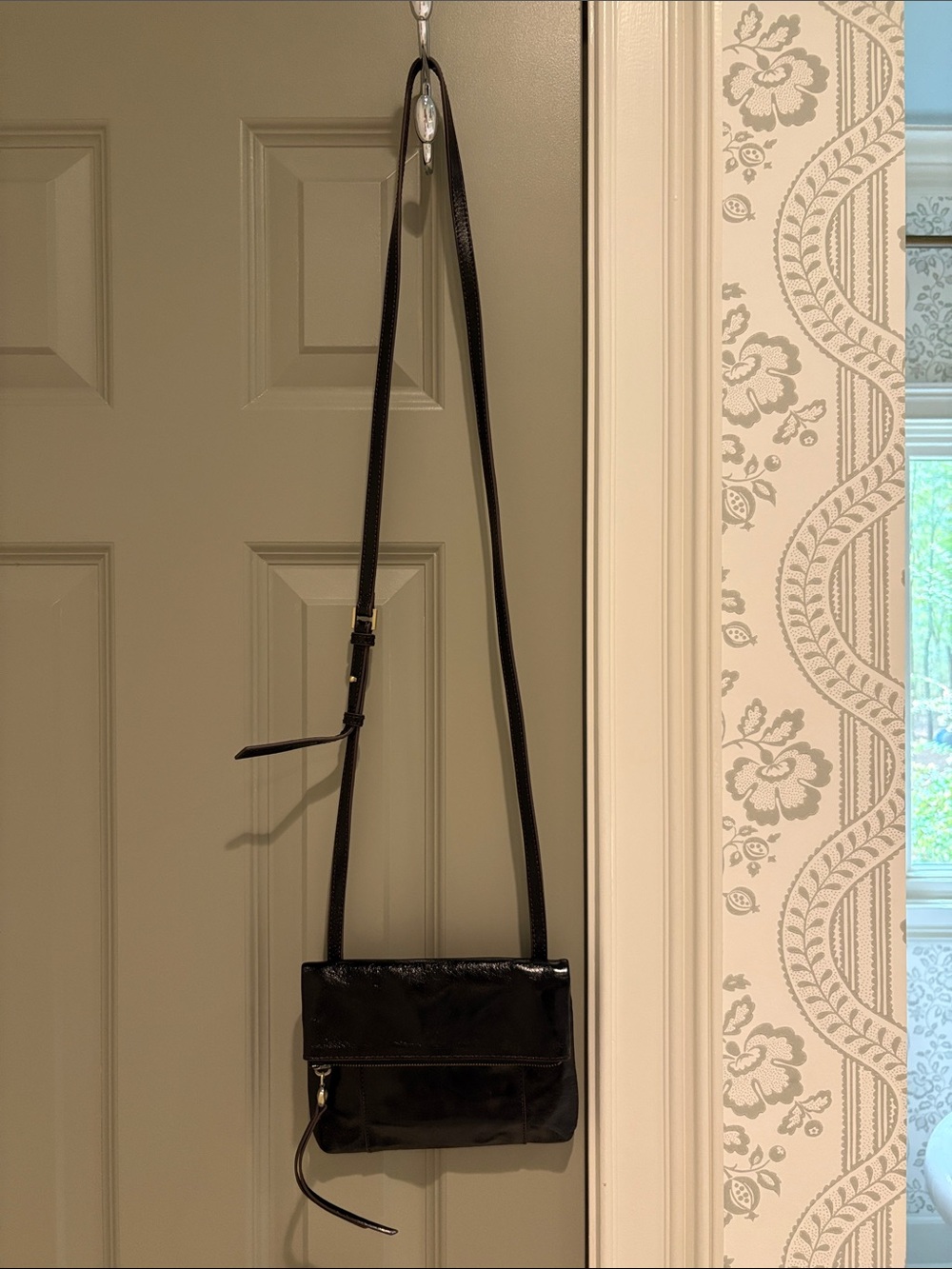 HOBO Black Patent Crossbody Bag with Adjustable Strap